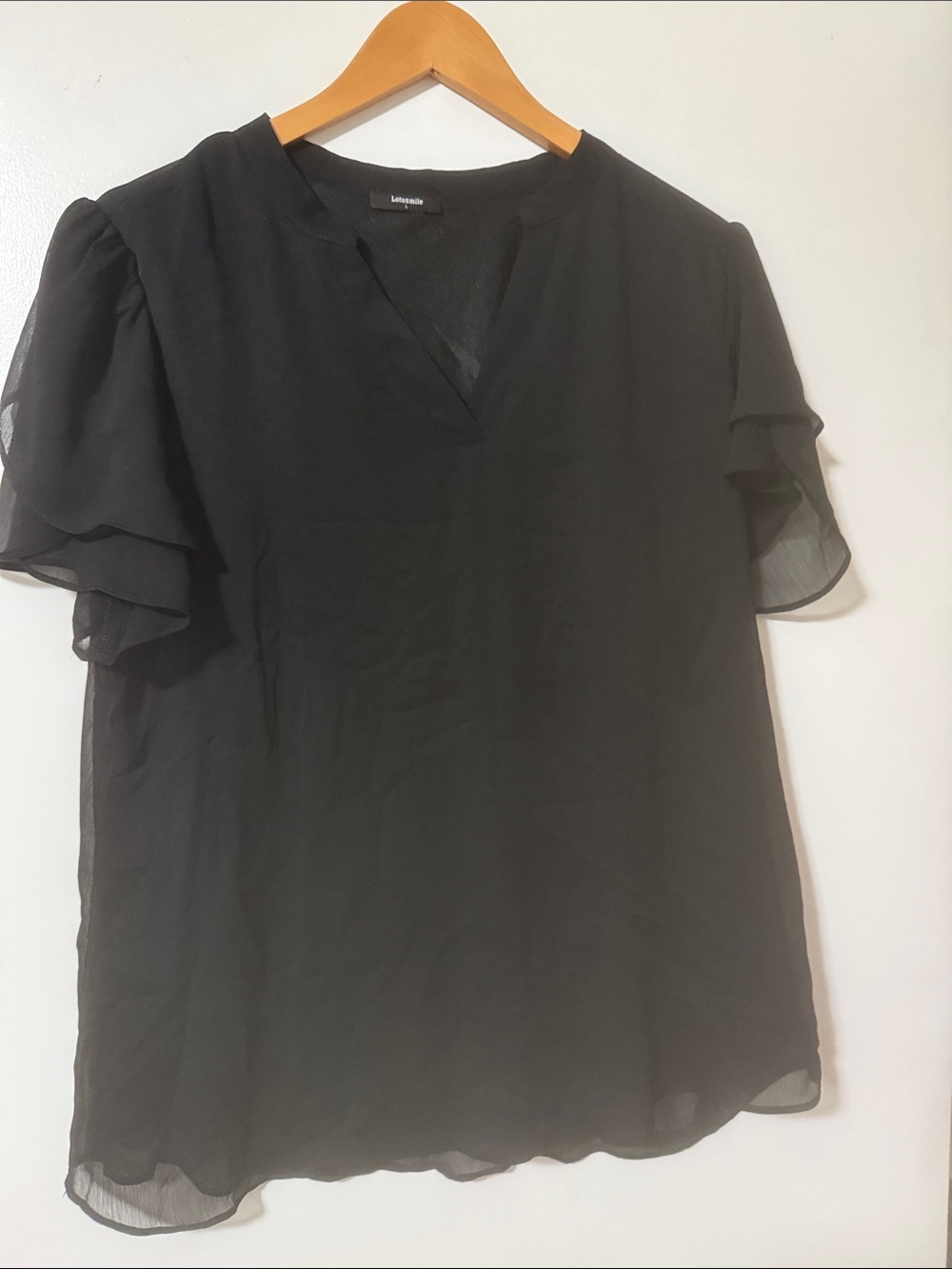 Black V‑Neck Chiffon Blouse with Layered Flutter Sleeves